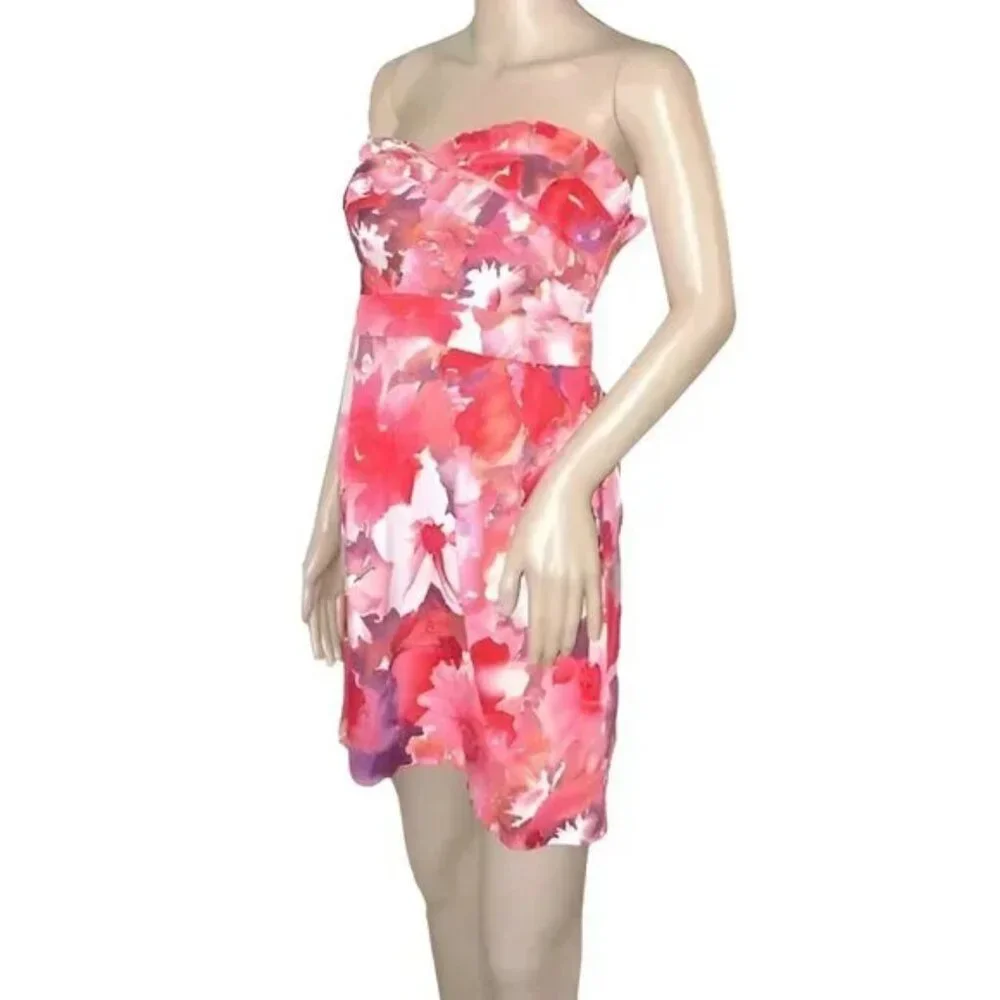 NWT Red Pink Purple Coral Sweetheart Tiered Hawaiian Floral Beach Sheath Dress M